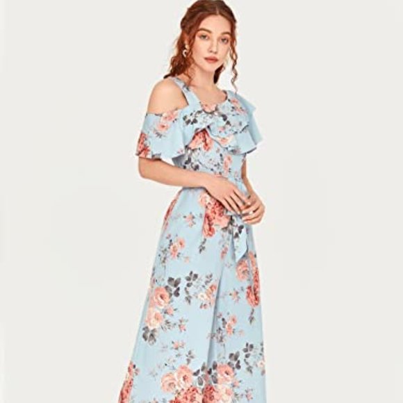 Women's Rose Floral Print Ruffle Hem Romper Short Sleeve Wide Leg Jumpsuit - Picture 1 of 13